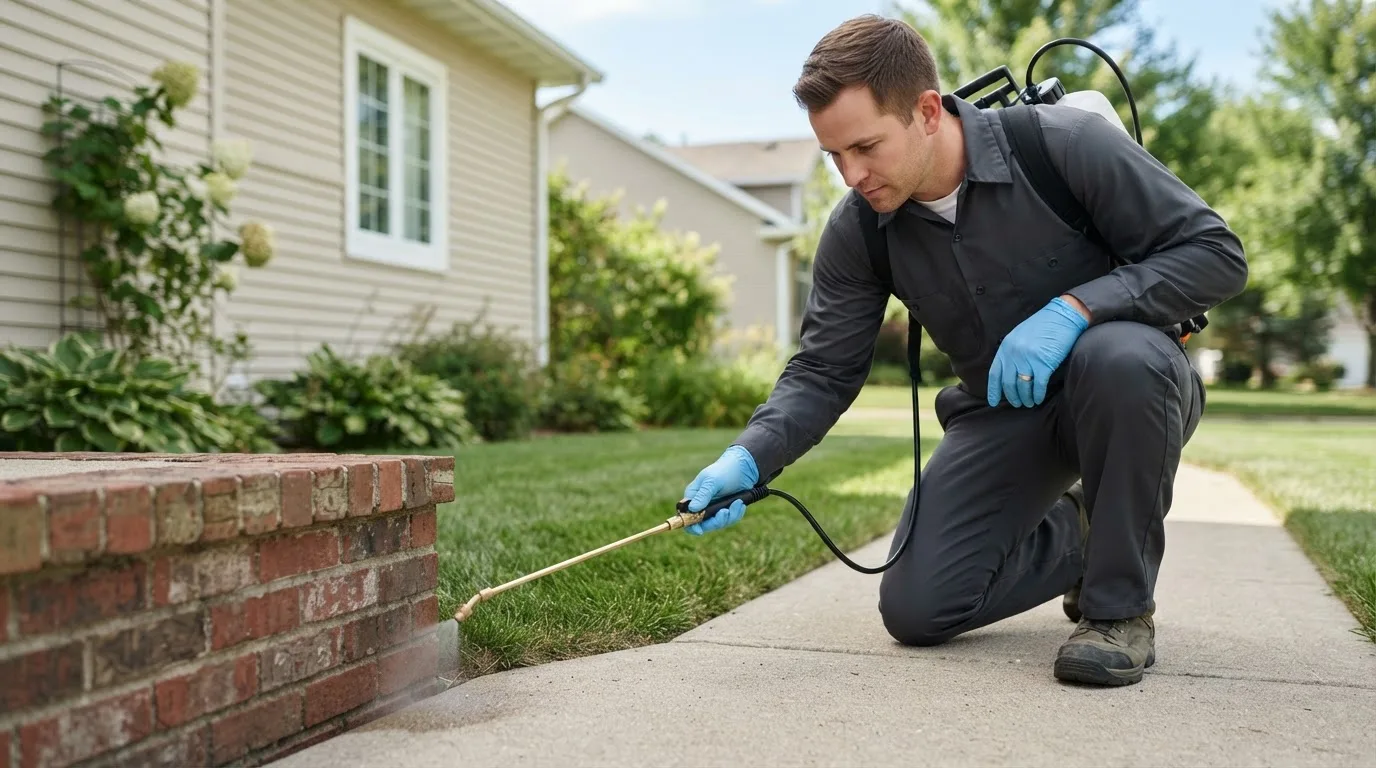 Pest control technician treating a home near Roxana, IL